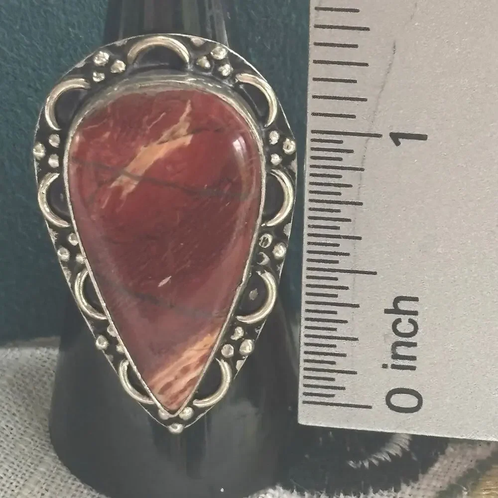 Silver Red Rainbow Jasper Ring 7.5
